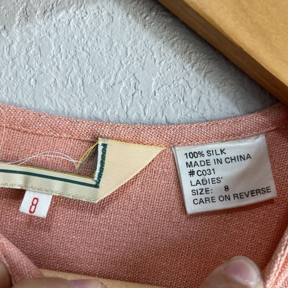 100% Silk Textured Midi Dress     Peach Blush Belted Pockets Size 8 - Picture 3 of 13